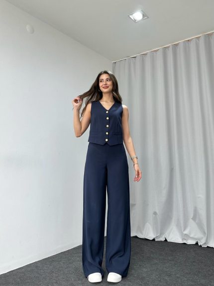 Lacivert Gold Düğmeli Yelek-Pantolon Takım