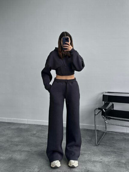 Rosso Korse Crop Antrasit Eşofman Takımı